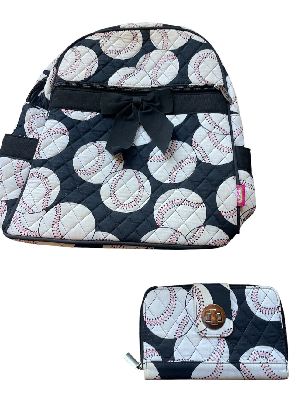 BUNDLE: Quilted Baseball Print Backpack & Matching Wallet, Rare Excellent Cond